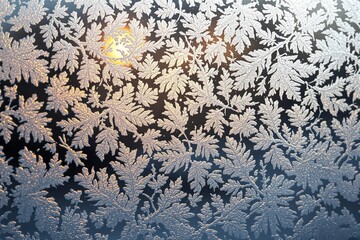 Poster - Abstract frost patterns on glass with warm light shining through.