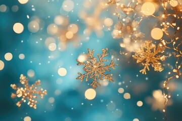 Wall Mural - Shimmering golden snowflakes and glowing lights on a festive blue background, great for holiday branding and cards