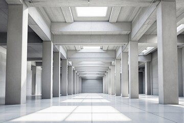 Poster - Minimalist industrial interior with concrete columns and skylights creating a spacious and bright design layout.