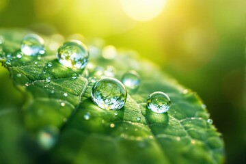 Poster - Close-up of vibrant green leaf with morning dew drops under sunlight.