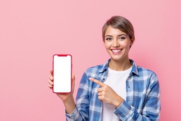 Poster - Woman smiling and pointing at smartphone with blank screen on pink background.