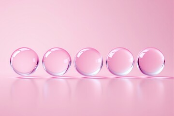 Poster - Transparent pink spheres on a soft pink background in a row with reflections creating a minimalist and elegant abstract design.