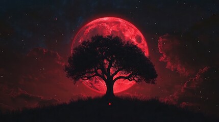 Poster - Silhouette of a lone tree with dark branches beneath a radiant red moon in the night sky