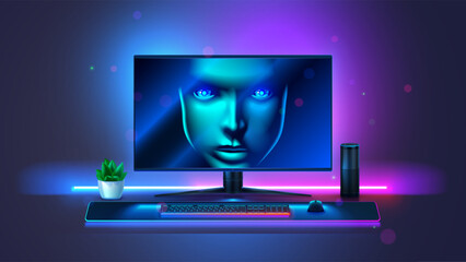 Leinwandbilder - Face of artificial intelligence on computer screen. Gaming computer monitor with keyboard shows an AI face looking at gamer. Modern gaming pc on desk with neon lights. AI look at user from monitor.