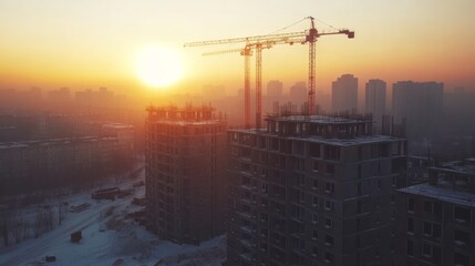 Silhouettes of cranes and an unfinished residential building at sunrise highlighting winter city construction