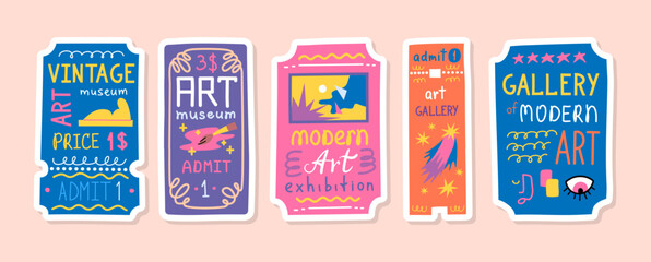 Canvas Print - Cartoon Color Art Gallery Museum Exhibition Retro Tickets Stickers Set Concept Flat Design Style. Vector illustration of Admits