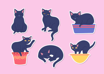 Poster - Cartoon Color Characters Cats in Pot Plant Flowers Stickers Set Domestic Cat in Different Poses Concept Flat Design Style. Vector illustration