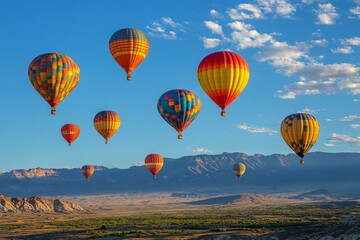 Wall Mural - Colorful hot air balloons soaring above lush green fields during a sunny day