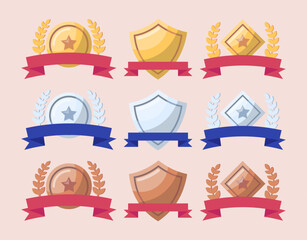 Poster - cartoon different shapes awards with laurel wreaths set symbol of win competition. vector illustrati