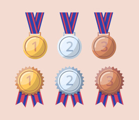 Poster - cartoon color awards medals and reward badges with ribbon and engraved numbers set. vector illustrat