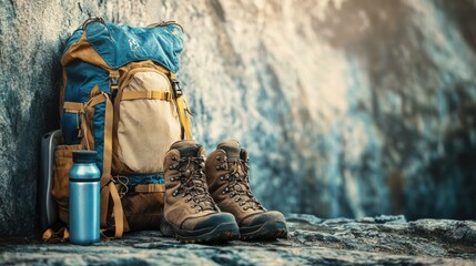 Aufkleber - Essential backpacking gear for outdoor adventures in rugged terrain with ample space for text and branding needs. Generative AI