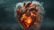 ©  Jovaduplex - An artistic depiction of a heart engulfed in flames with smoke billowing around it, set against a backdrop of ominous dark clouds, blending realism and fantasy elements.