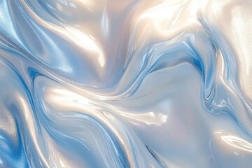 Poster - Smooth flowing fabric with metallic shimmer in soft pastel shades of blue and silver, creating an elegant abstract texture