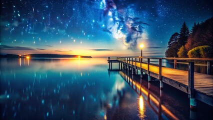 Vintage Lakeside Pier Night Starry Sky - Calm Waterscape Stock Photo