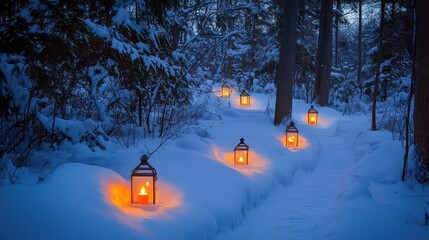 Poster - Snow-covered forest trail illuminated by lanterns, perfect for a winter-themed holiday card