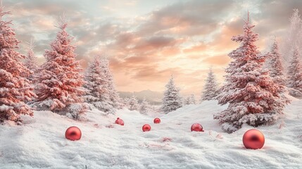 Poster - Snowy winter landscape with pink-tinted pine trees, red ornaments scattered on the ground, and a cloudy sky