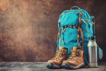 Poster - Gear arrangement showcasing a hiking backpack, durable boots, and a water bottle in a natural setting for outdoor adventures. Generative AI