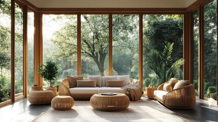 Wall Mural - Spacious sunroom with rattan furniture and large windows