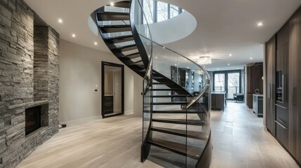 Wall Mural - Spiral staircase with modern glass and steel design, leading upward in a dynamic architectural shot