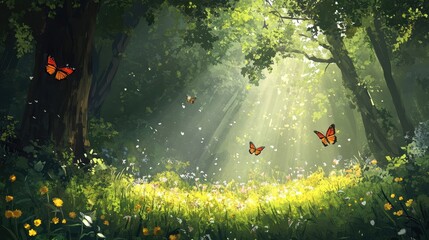 Poster - Spring forest scene with blooming grass and butterflies in sunlight, perfect for serene nature designs