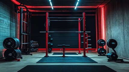Poster - Squat rack setup with weightlifting equipment under gym lights