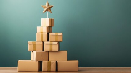 Poster - Stack of cardboard boxes arranged as a Christmas tree with a star on top, a festive creative idea