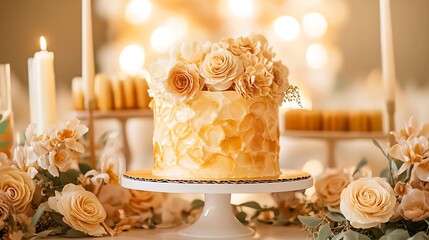 Wall Mural - A golden hour dessert table featuring a goldenhued cake surrounded by warm caramel and honeyflavored candy