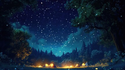 Poster - Star-filled night sky above an illuminated campsite in the heart of the forest