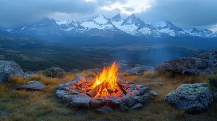 Canvas Print - Campfire surrounded by mountains and trees on a cloudy evening in the wilderness