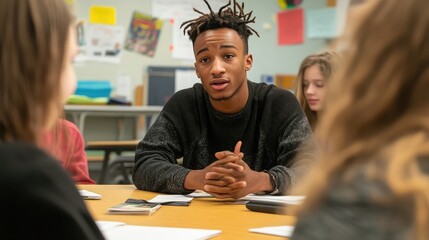 Poster - Student participating in a group discussion in a classroom environment