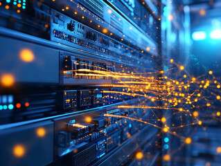 Wall Mural - network of fiber optic cables glowing in data center, showcasing technology