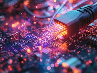 Poster - close up of colorful fiber optic cables connecting to circuit board, glowing brightly