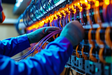 Poster - Engineers working on fiber optic installation with glowing cables