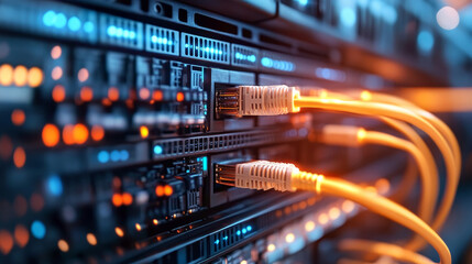 Poster - Network cables connecting servers in data center, glowing brightly