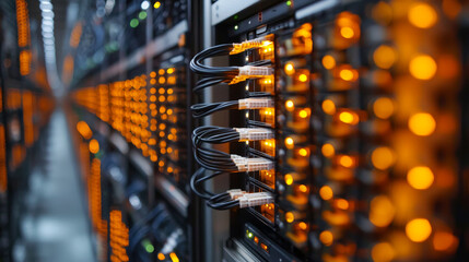 Poster - Data center with illuminated servers and connected cables