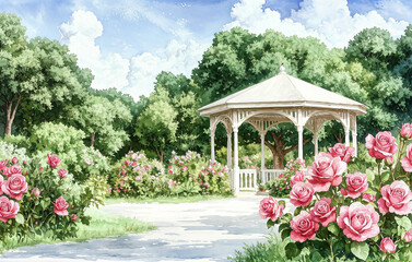 Wall Mural - a serene garden scene with a white gazebo surrounded by lush greenery and blooming pink roses. The sky is partly cloudy, adding to the tranquil atmosphere.