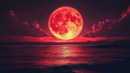 Poster - Stunning red moon illuminating the vast expanse of a crimson-tinted ocean under an alien sky