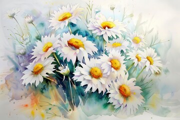 Aufkleber - Bright and vibrant daisies in a watercolor style with warm tones and delicate brushstrokes set against a soft, abstract background
