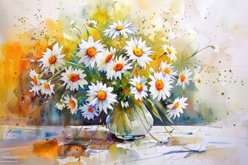 Aufkleber - Bright and vibrant daisies in a watercolor style with warm tones and delicate brushstrokes set against a soft, abstract background