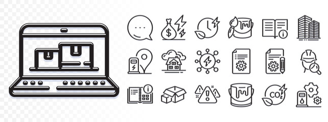 Poster - Power, Co2 gas and Web inventory line icons for web app. Glare of light effect. Message icon. Pack of Charging time, Skyscraper buildings, Warning pictogram icons. Vector