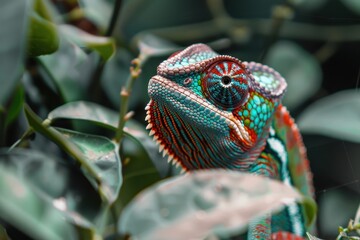 Aufkleber - Colorful chameleon resting among vibrant green leaves in a tropical environment during daylight hours