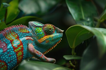 Aufkleber - Colorful chameleon resting among vibrant green leaves in a tropical environment during daylight hours
