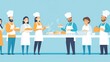 © Wanida - Illustrative Scene of Diverse Chefs and Food Workers in a Clean Kitchen Environment Preparing and Serving Dishes in a Cheerful and Inviting Atmosphere