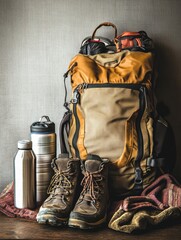 Poster - Gear setup for hikers with a stylish backpack, water bottle, and sturdy boots positioned against a neutral background. Generative AI