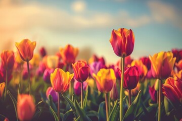 Wall Mural - Vibrant tulip field in spring under a clear blue sky with colorful blossoms swaying gently in the breeze