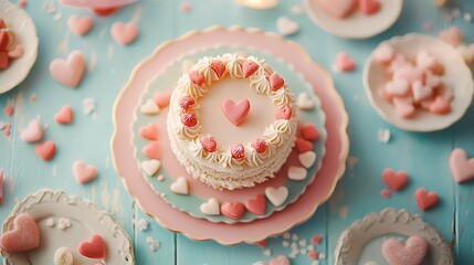 Wall Mural - A romantic pastelcolored table with a delicate vanilla cake surrounded by heartshaped sugar candies