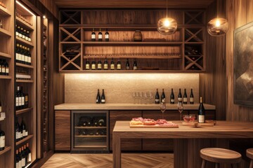 Poster - Elegant wine cellar featuring vintage bottles, tasting table, and charcuterie board. Generative AI