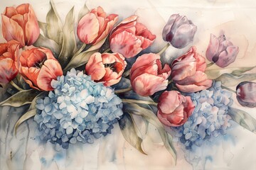 Aufkleber - Vibrant watercolor painting of tulips and hydrangeas captured in spring bloom against a soft background