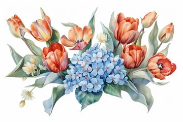 Aufkleber - Vibrant watercolor painting of tulips and hydrangeas captured in spring bloom against a soft background