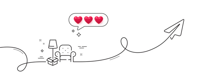Poster - Packing things line icon. Continuous line with share plane. Home moving sign. Delivery service symbol. Hearts rate review in speech bubble. Packing things single line ribbon. Vector